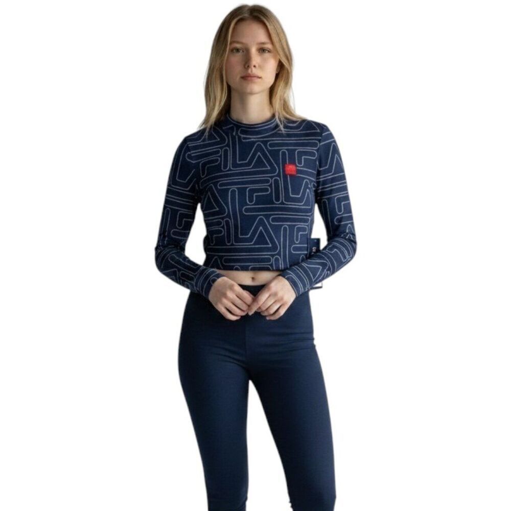 NWT FILA Hamiska Women Long Sleeve Mock Neck Crop Top Navy Allover Logo Print XS